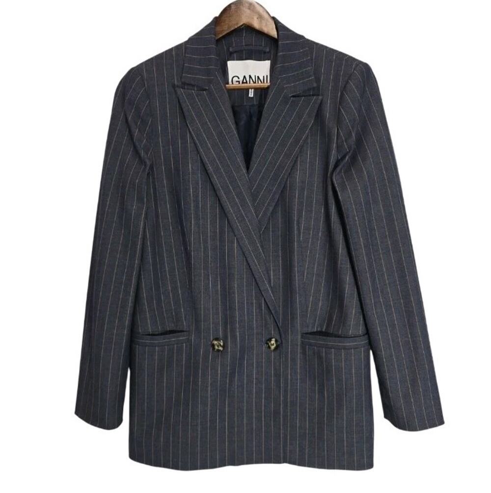 GANNI Stretch Pinstripe Double Breasted Blazer Jacket Navy Size 36 US 4